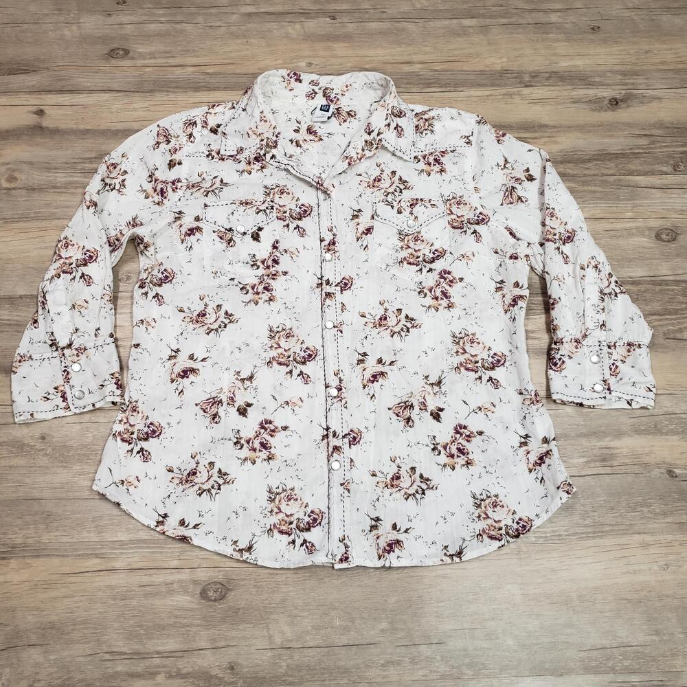 Gap Shirt Womens Large White Rose Floral 3/4 Sleeve Button Front Cotton Top